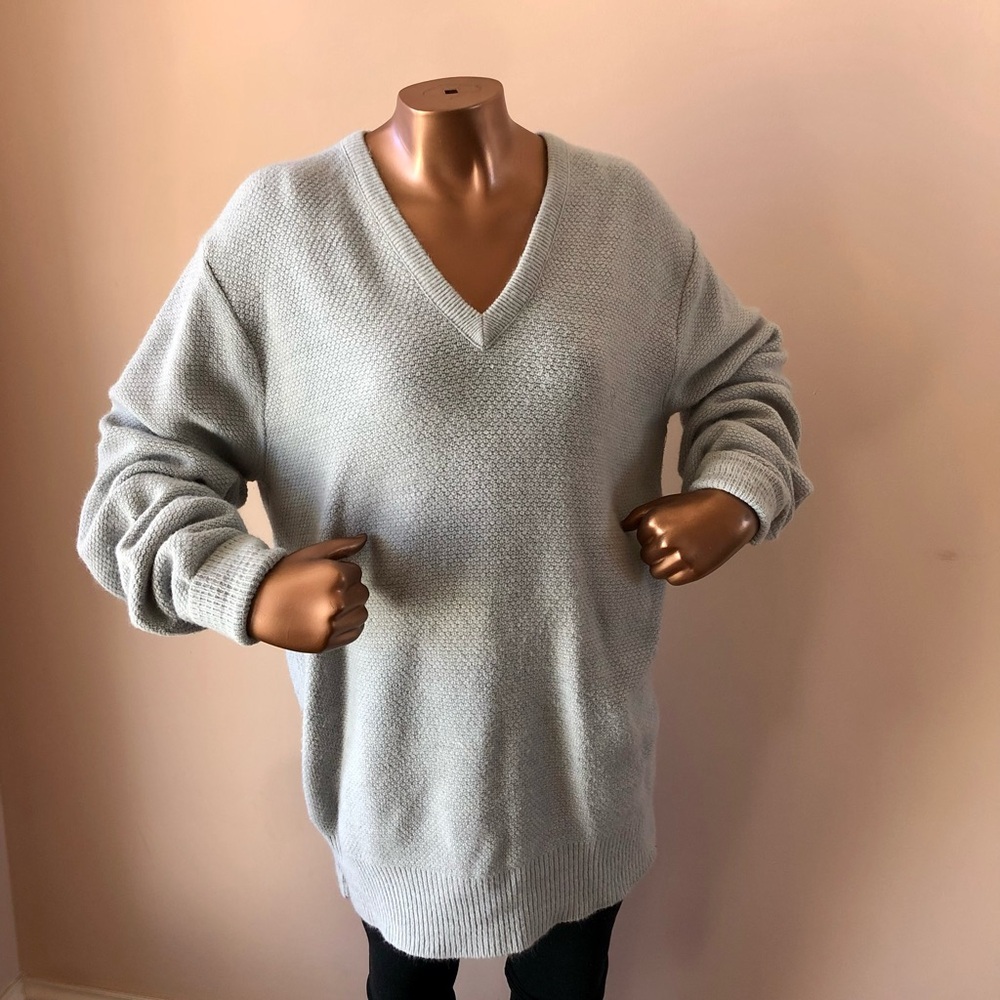 Vintage Christian Dior Women Sweater Large Gray Knit Long Sleeve V Neck